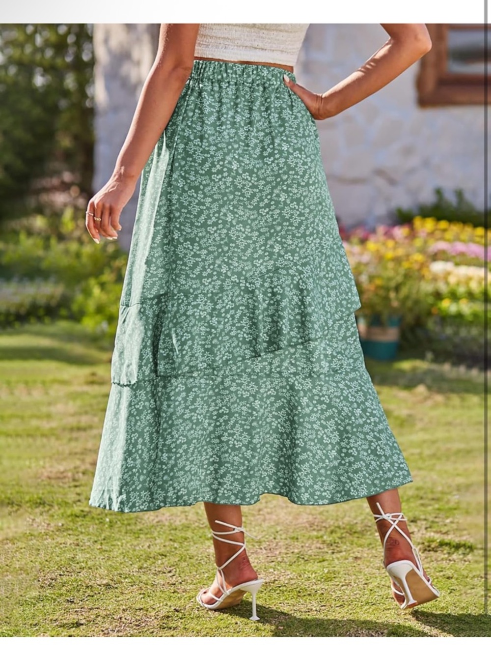 Floral Ruffle High-Low Maxi Skirt - Sage Green- SMALL, NEW WITH TAGS - Picture 3 of 6